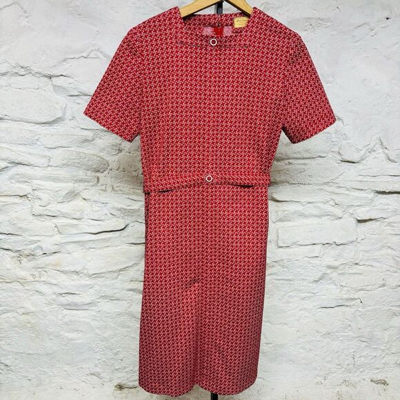 Vintage 60s Mod Pencil Dress Belted Pockets Knit Polyester Mad Men Red Patterned - Picture 1 of 9